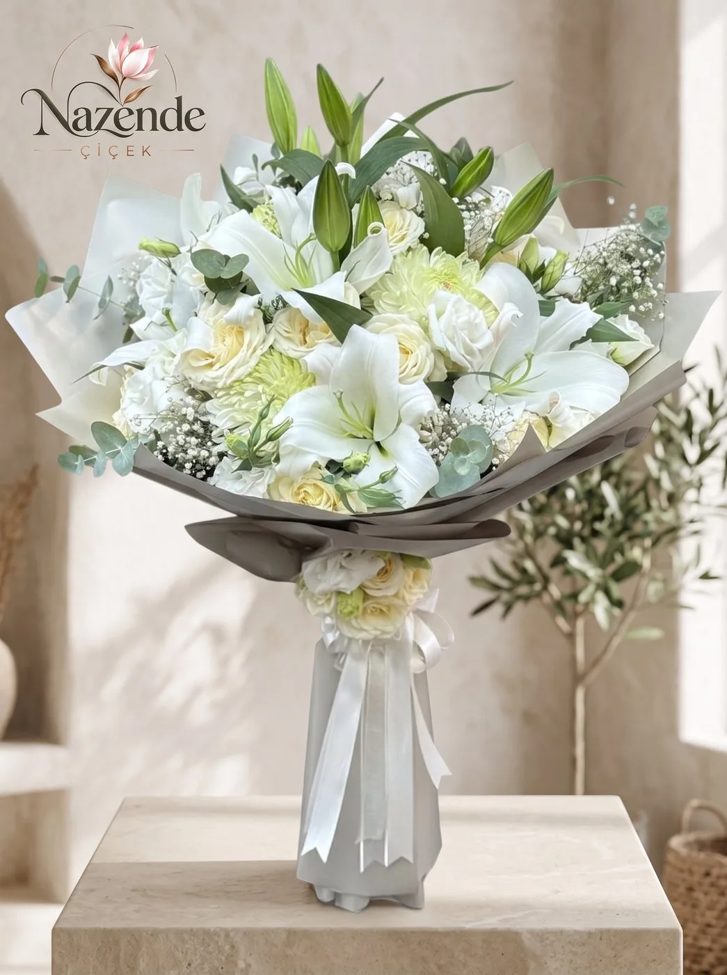 Beyaz Lilium ve Beyaz Güller XXL Buket – Bursa çiçek siparişi