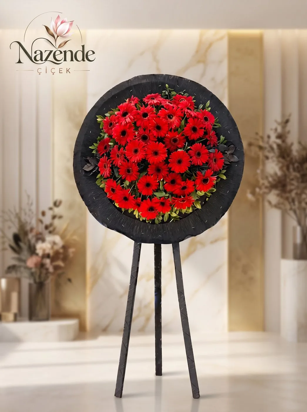 Cenaze Çelengi – Siyah Ayaklı Kırmızı Gerbera – Bursa çiçek siparişi